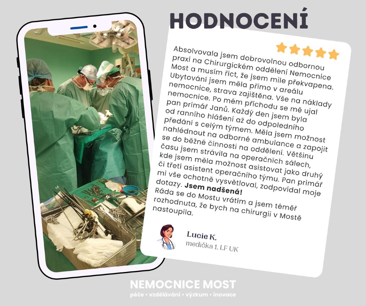 👩‍⚕️📚 Medička z 1. LF UK hodnotí odbornou praxi na chirurgii v Nemocnici Most